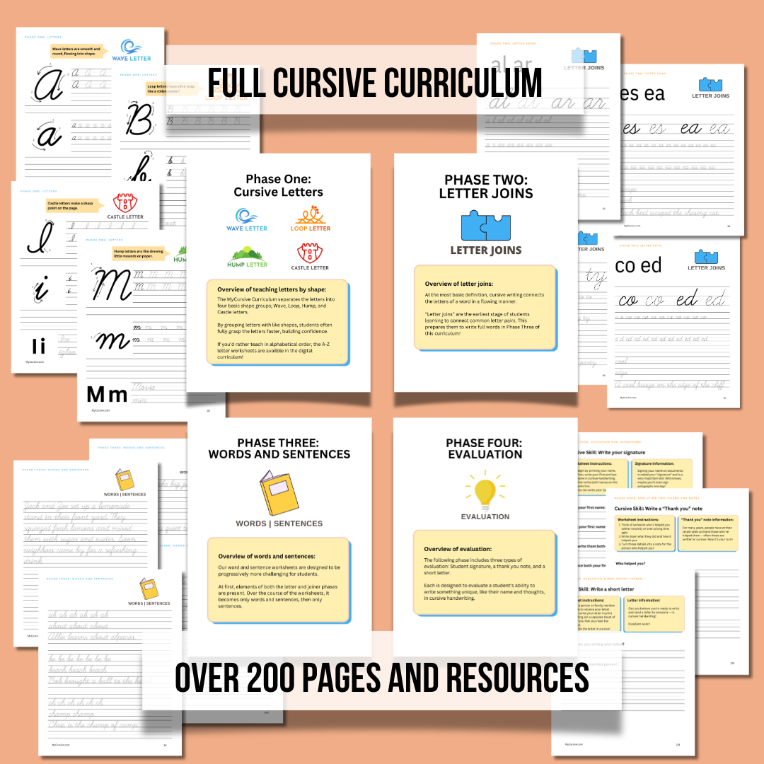 Over 200 pages and resources across four phases: cursive letters, letter joins, words and sentences, and evaluation